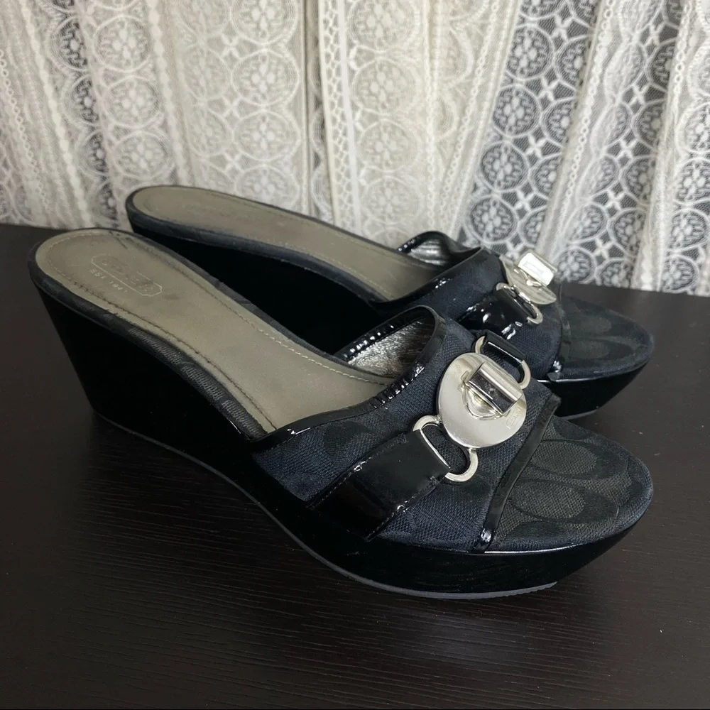 Coach Black Wedge Slide Sandals with Signature Hardware